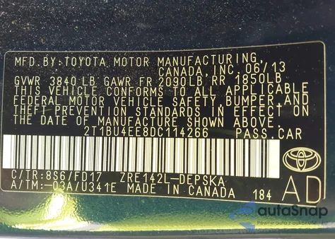 2013 Toyota Corolla S from USA, damaged, VIN 2T1BU4EE8DC114266